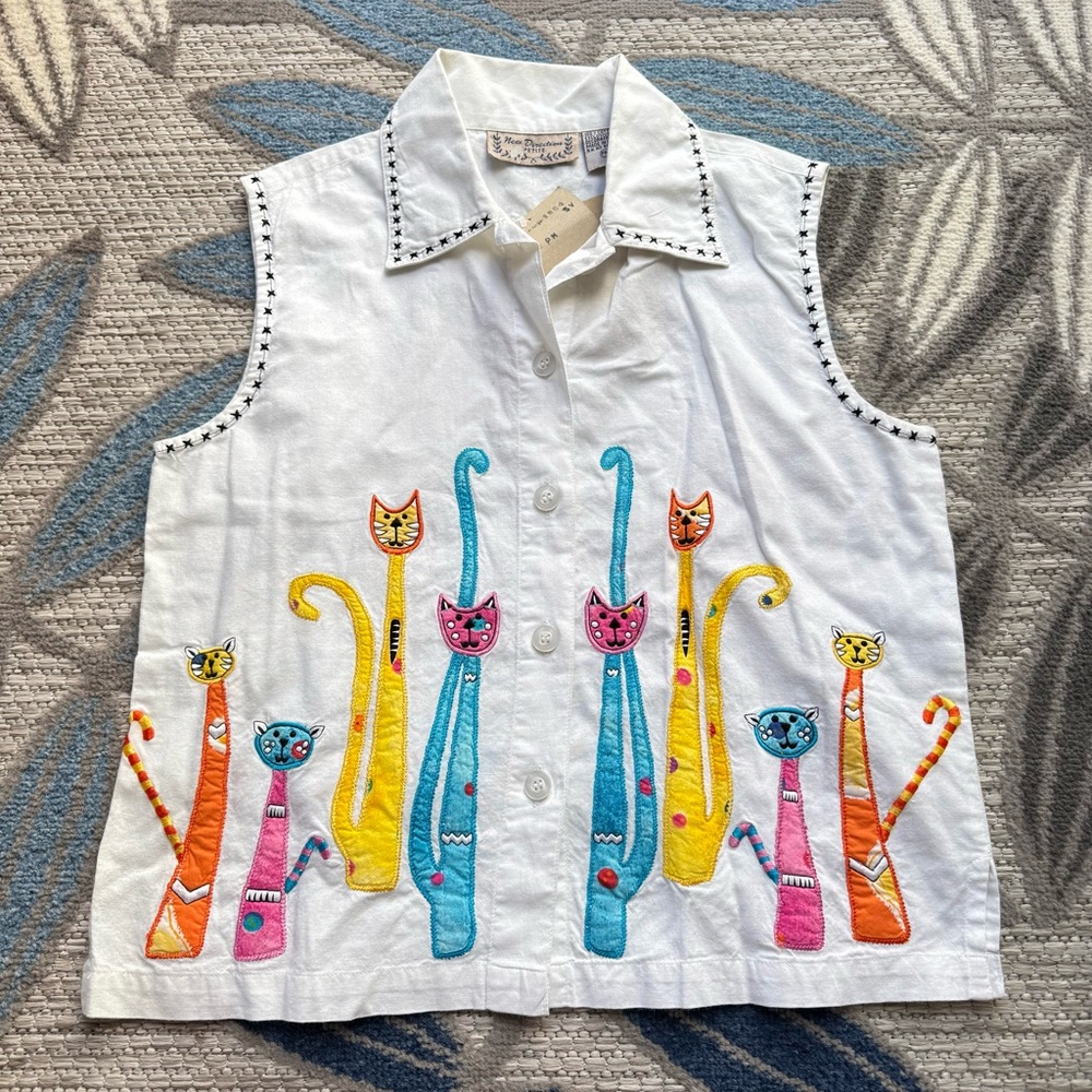 Vintage New Direction Embroidered Multicolor Cat Appliqué’s Vest Petite‎ Medium